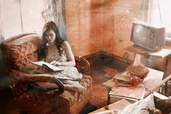 A girl is reading a book in an old house