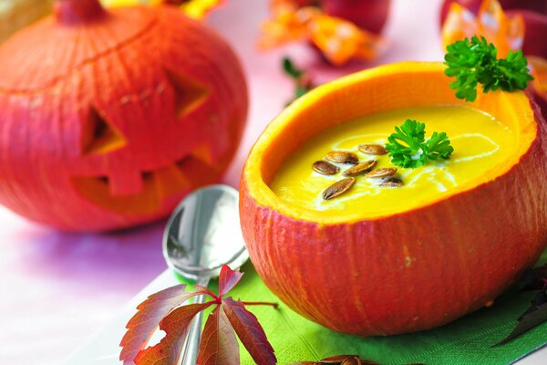 Halloween holiday. pumpkin with seeds is the main attribute of the holiday