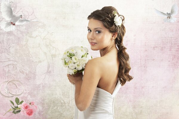 Fille mariée avec bouquet de mariage de roses