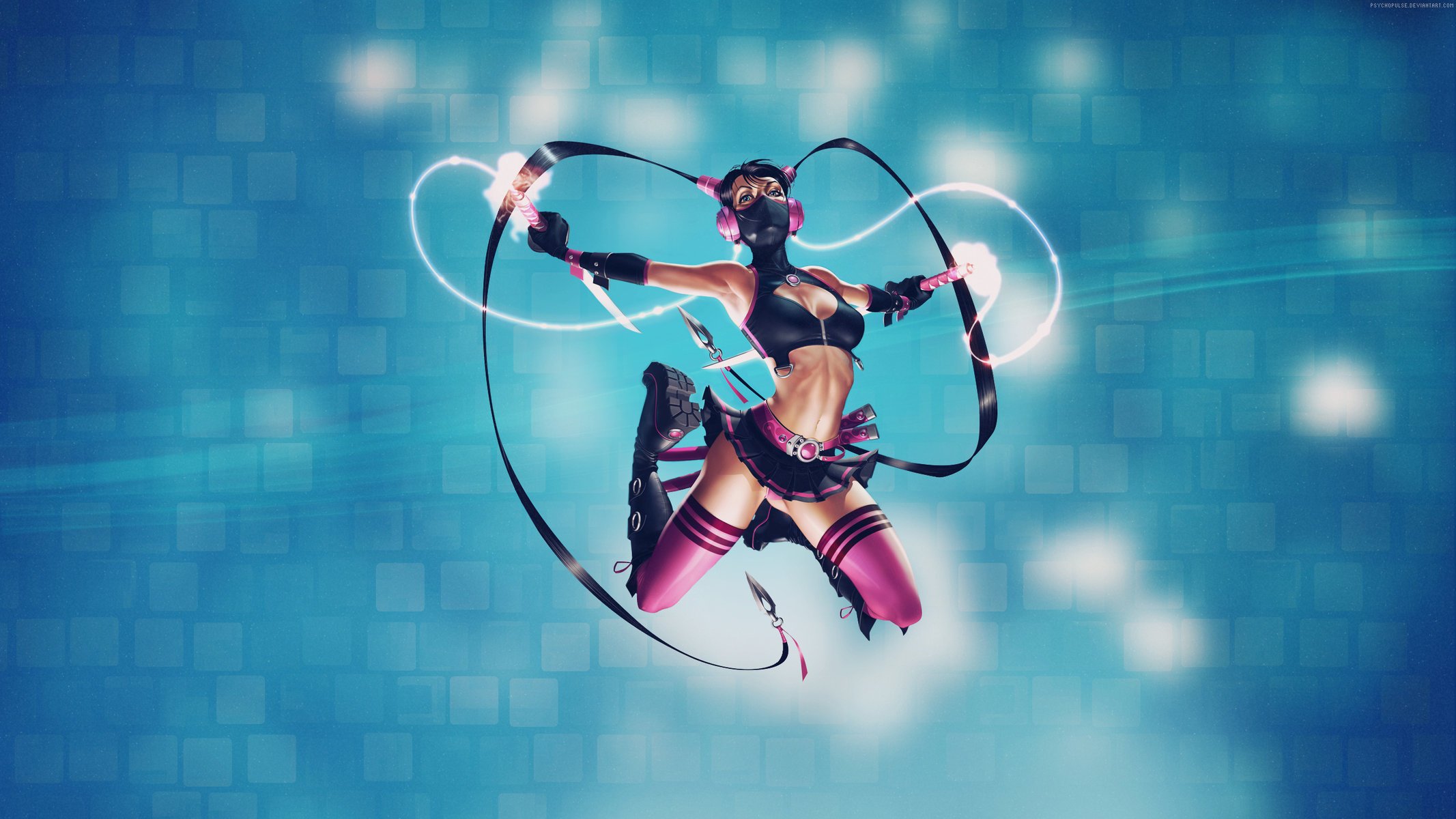 girl mask braids skirt chest jump fantasy swords lasers tape