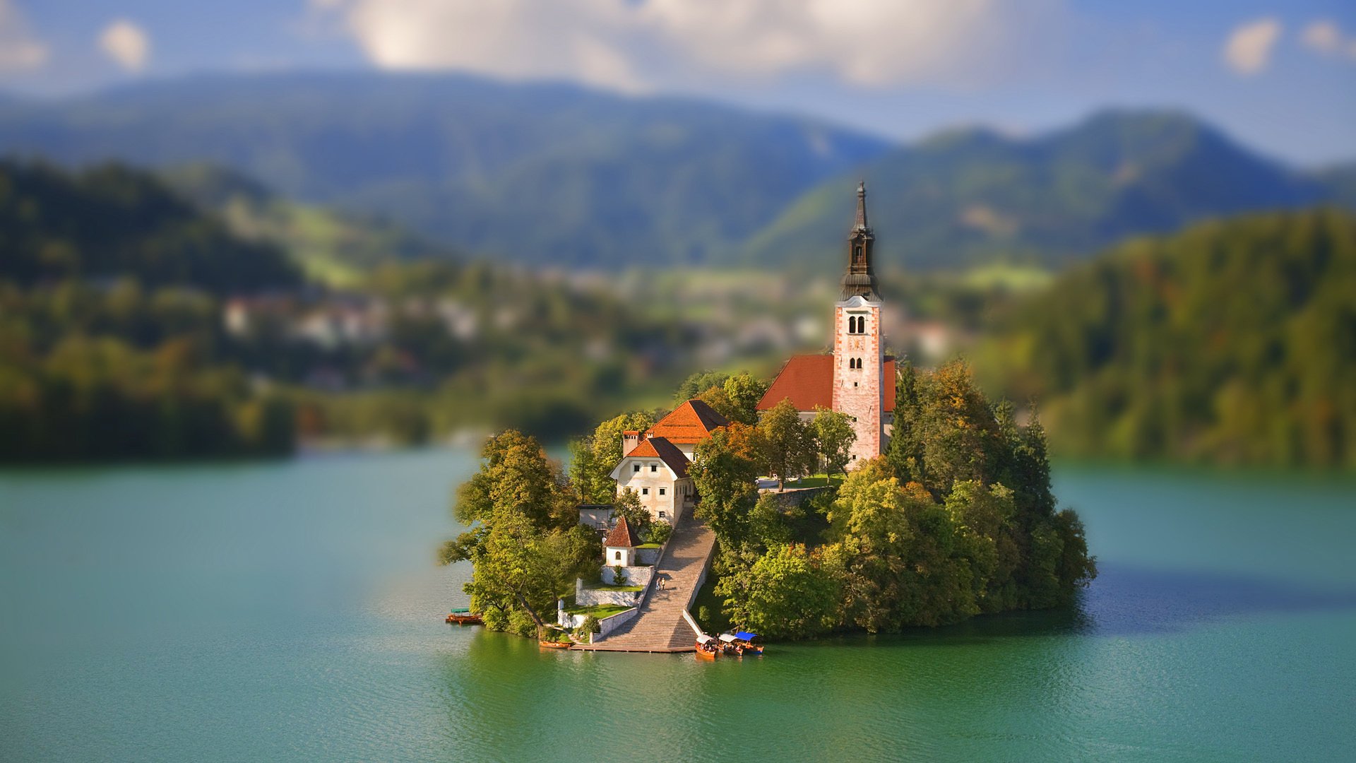 effet tilt shift château lac tilt shift église