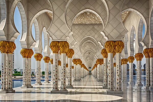 Sheikh Zayed Mosque column, pool on the left