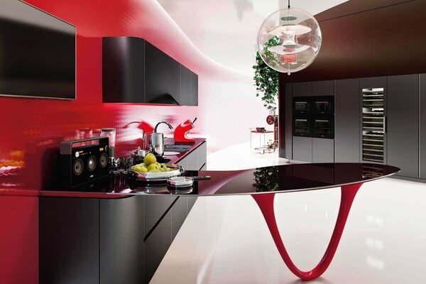 Stylish kitchen design in black and red tones