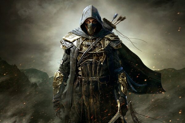 The character of the elder scrolls game stands in armor and with weapons