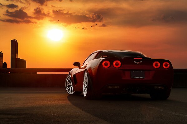 A gorgeous car on the background of sunset