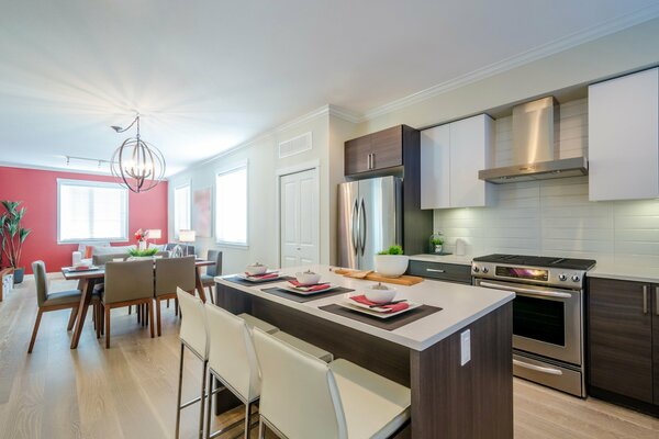 The interior of the kitchen with a refrigerator and a headset