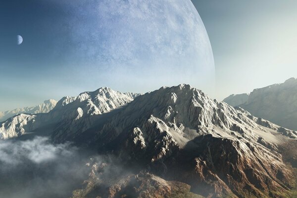 Berge, Mond und Wolken in der Landschaft