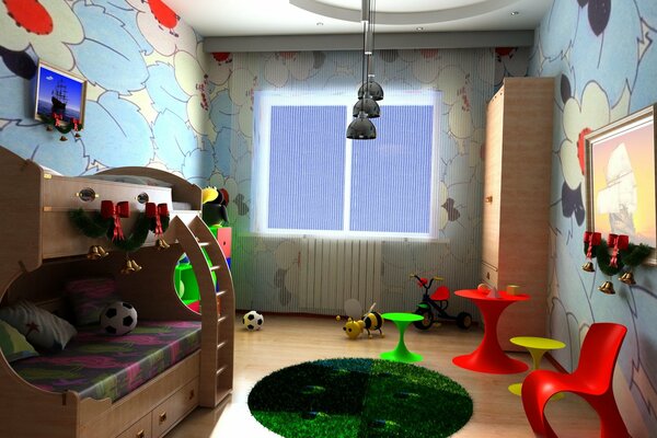 Kinderzimmer mit Bett und Kinderecke