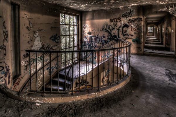 Spiral staircase in an abandoned building