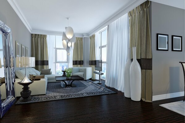 Bright living room with pastel curtains