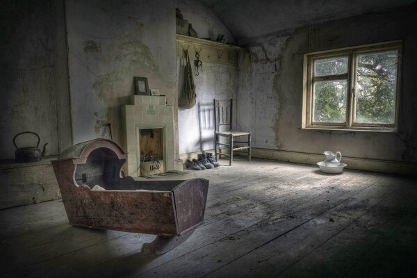 Children s room with a bed. With a view through a small window