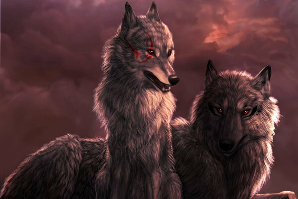 Against the background of a crimson sunset, a wolf and a she-wolf lay down for the night