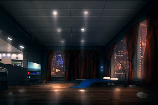 The room in the apartment is sci fi in dark colors