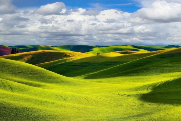 Pradera con colinas y cielo diurno con nubes