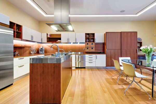 Interior stylish kitchen in brown tones