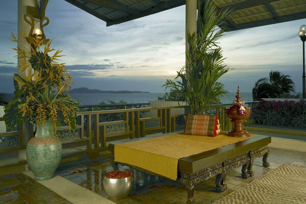 Terraza de estilo asiático en goraz con un paisaje encantador