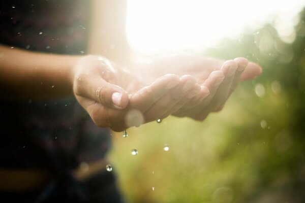 Wet hands in raindrops