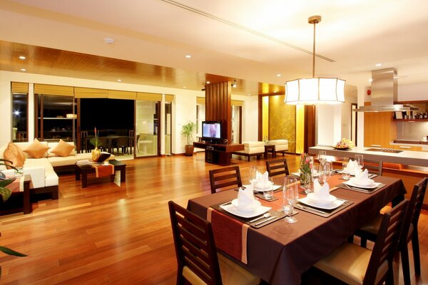 The interior of a combined kitchen and living room