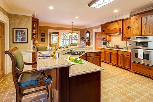 Interior of a modern kitchen with a dining area