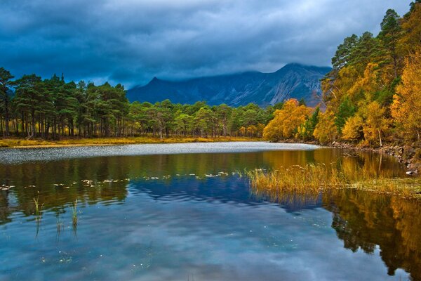 Herbstsee mit Wald und Bergen im Hintergrund