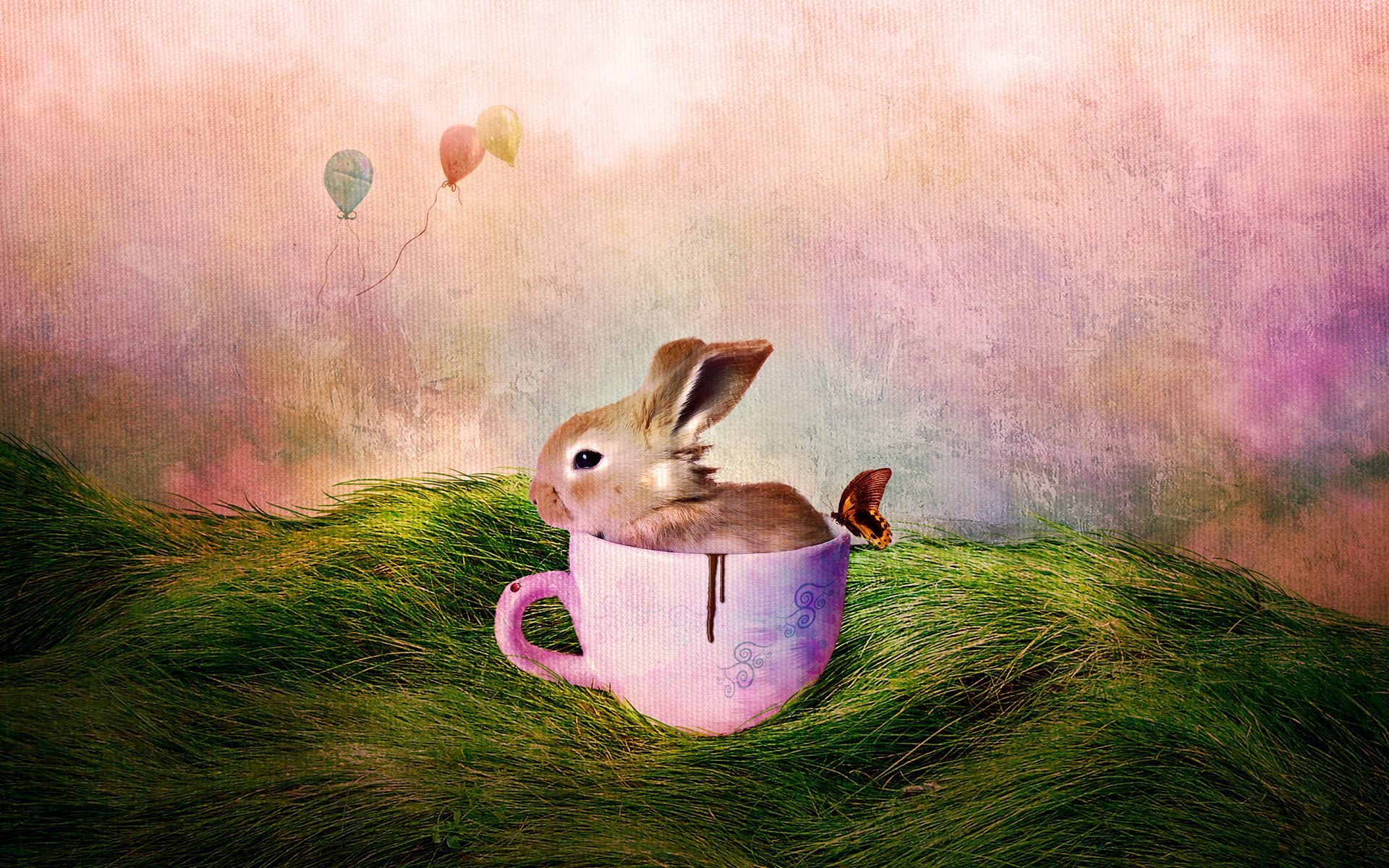 lapin lapin tasse papillon conte de fées herbe ballons petit animal