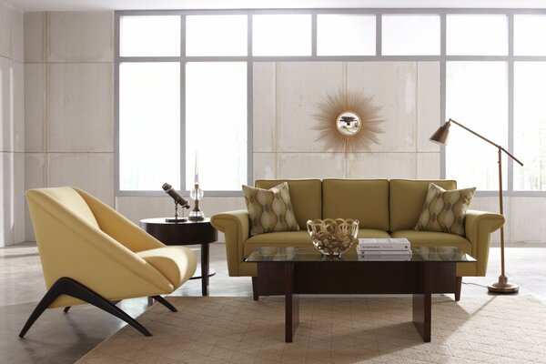 Living room with a clock in the form of the sun