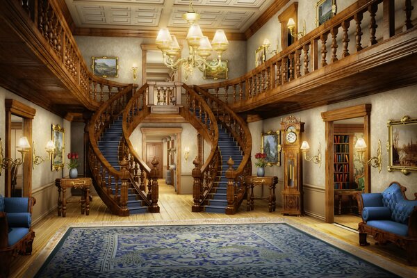 Art with the interior of the hall with a spiral staircase and bookcases