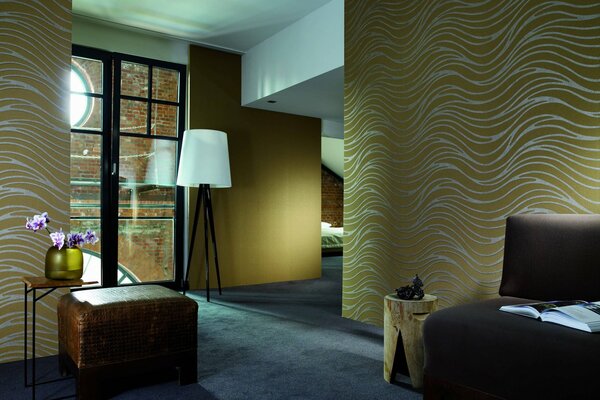 Strict apartment interior with wavy wallpaper