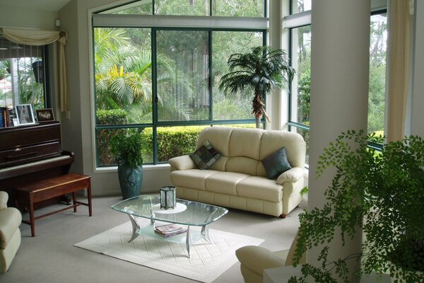 Stylish interior with plants on the terrace