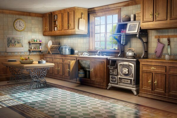 Spacious kitchen area in the old style