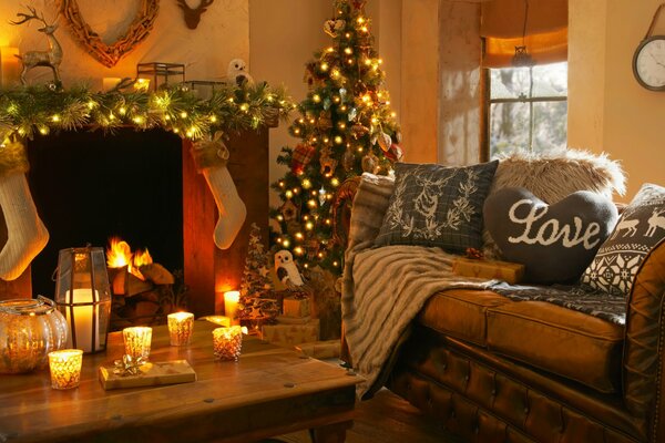 Christmas interior with fireplace