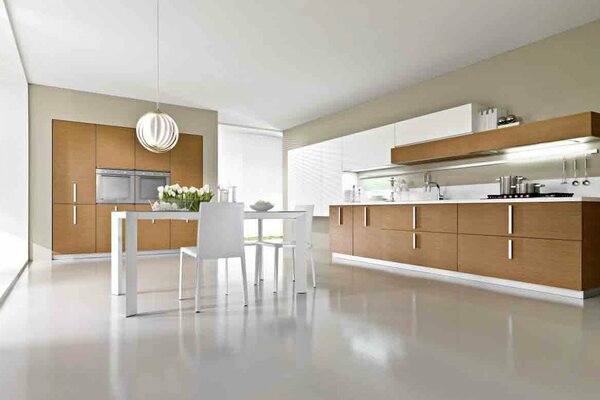 Questa è una stanza della cucina con un elegante design degli interni, come in una villa