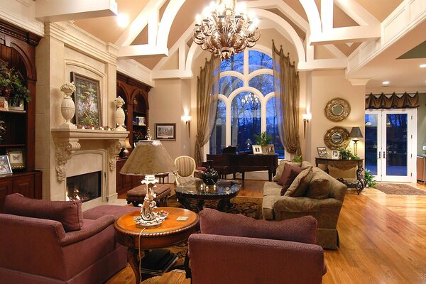 Living room with fireplace and huge window