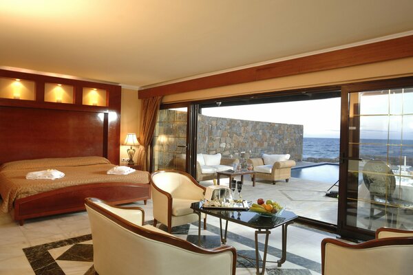 Interior of a villa by the sea with a swimming pool