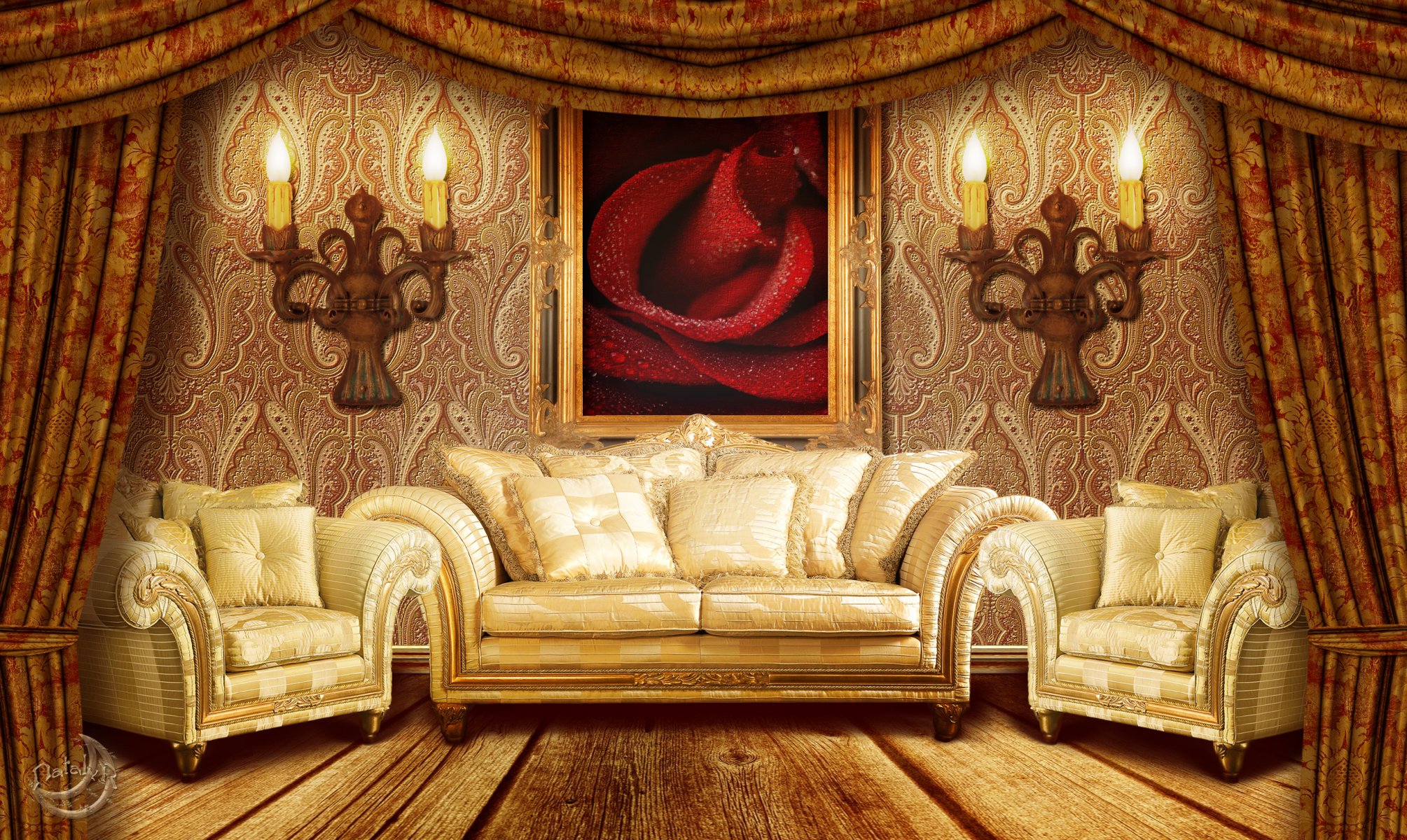 interter room art sofa pillow chair chandeliers candles pattern rose wallpaper