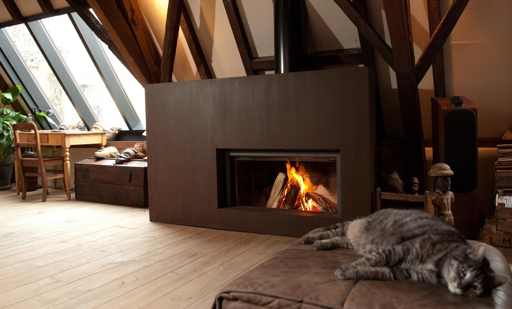 interior style design house penthouse fireplace cat