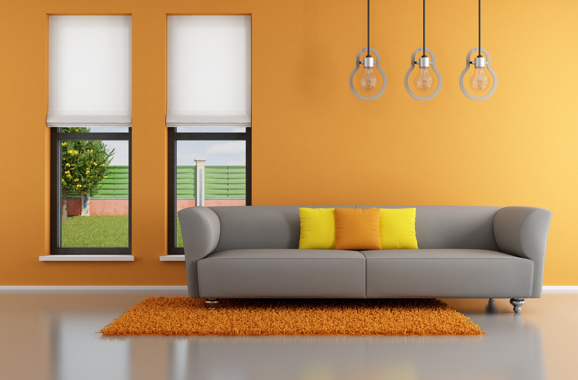 interior diseño elegante minimalista naranja sala de estar sofá cojines ventana sala de estar