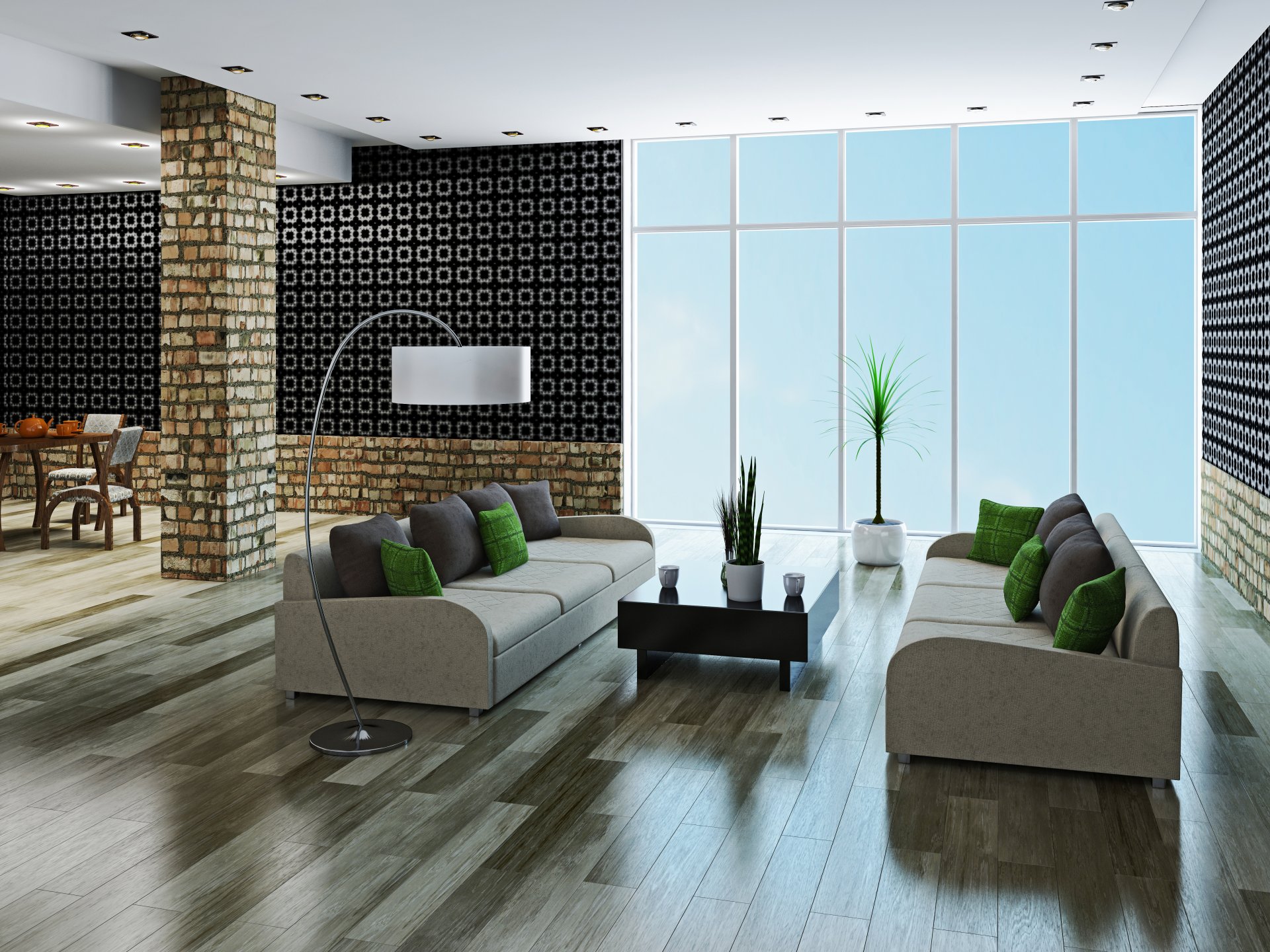 interieur stilvolles design großes wohnzimmer modern sofa kissen tisch modern