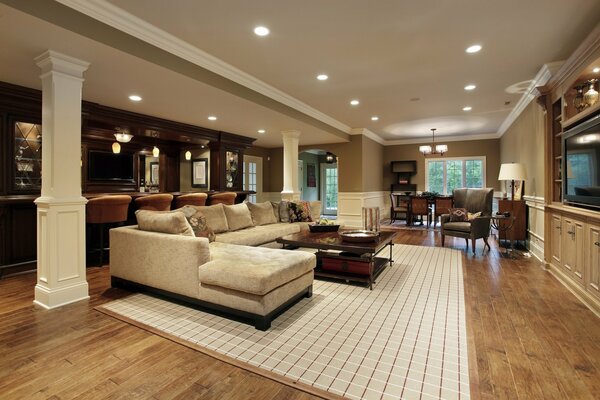 Combined living room with kitchen. Layout