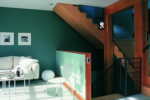 Interior in green tones with stairs