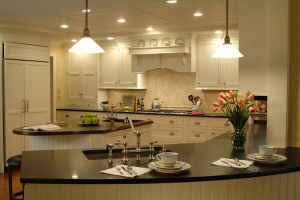 Stylish kitchen with dishes and an island