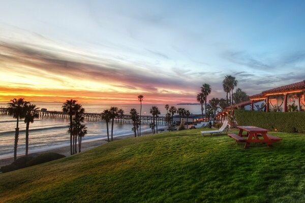 House on the seashore. Beautiful sunset