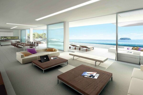 Modern interior with sea view from panoramic windows