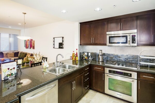 The interior of a modern kitchen under a tree