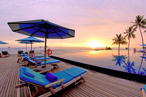 Hermosa puesta de sol en la piscina bajo las palmeras junto al océano