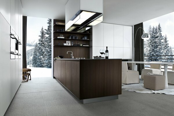 The freshness of the kitchen design against the background of snow trees