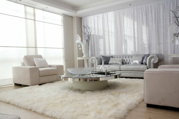 Stylish interior in white tones with silver inserts