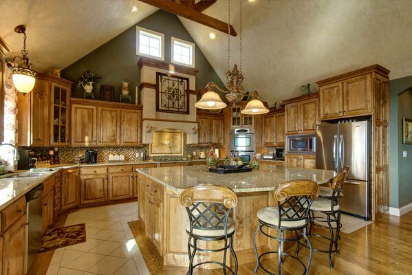 Kitchen interior in High-Tech style material wood