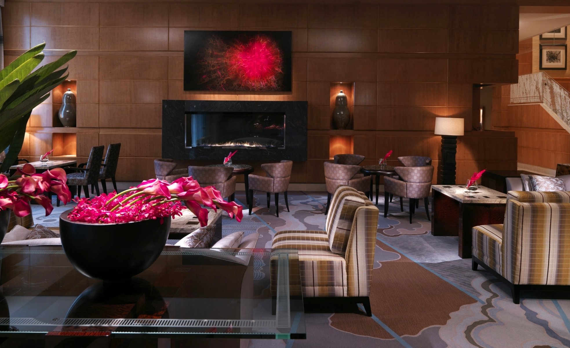 interior style design brown lobby bar hotel boston sofa armchairs tables flower