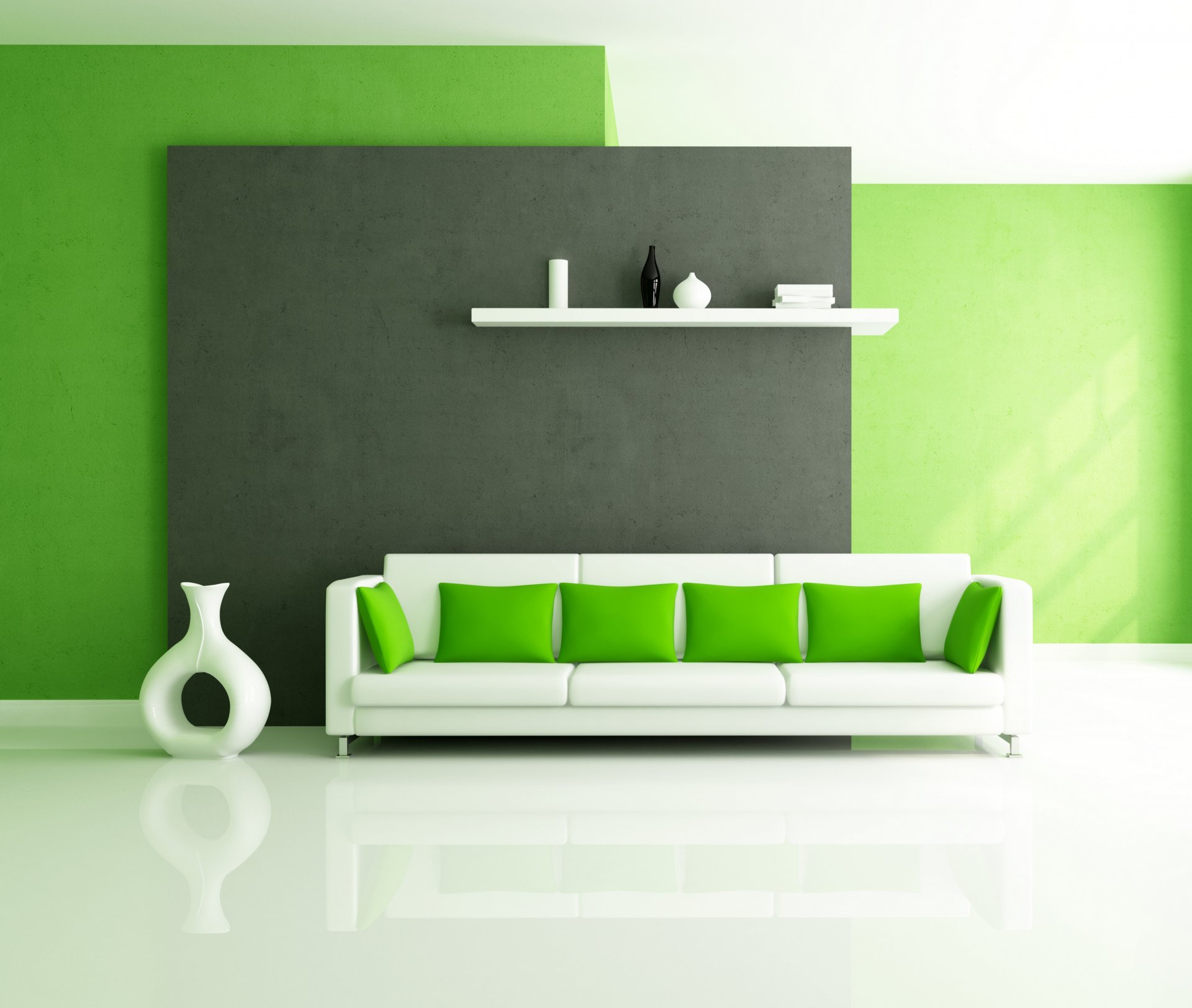 intérieur style design blanc vert canapé coussins étagère